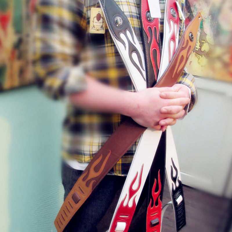 个性结实耐用皮革红色火焰系列电吉他配件背带吉他背带贝斯背带