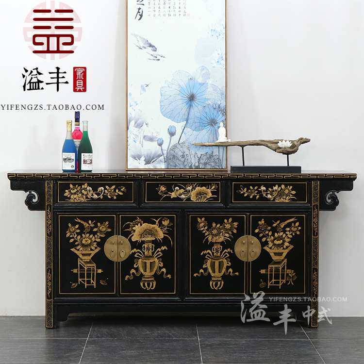 中式仿古漆器家具实木手绘餐边柜入户描金玄关柜装饰客厅储物鞋柜