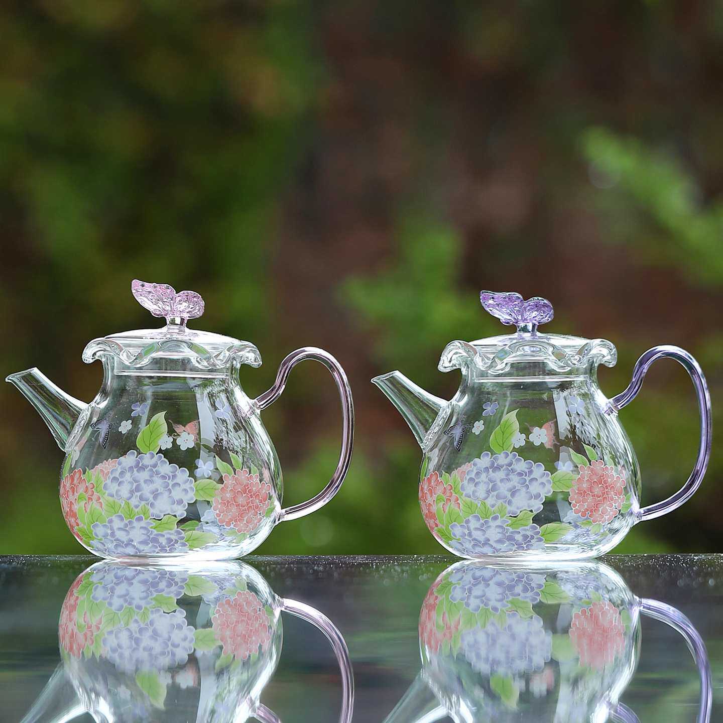 手工耐热玻璃蝴蝶花口壶小茶壶绣球花功夫茶具花茶冷泡壶执壶单壶