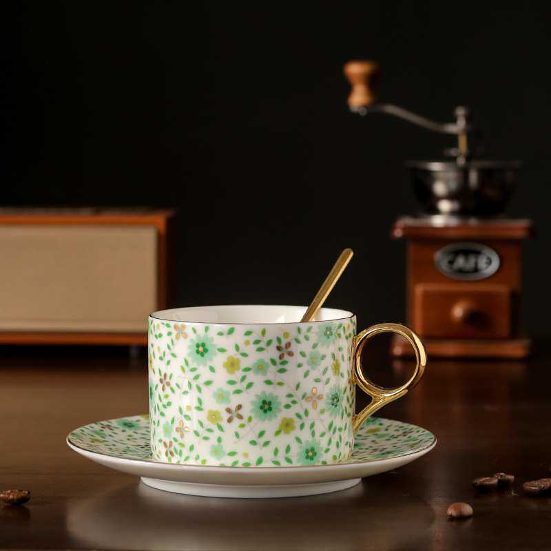 陶瓷小碎花咖啡杯 轻奢下午茶杯垫杯碟套装礼盒 描金复古办公杯