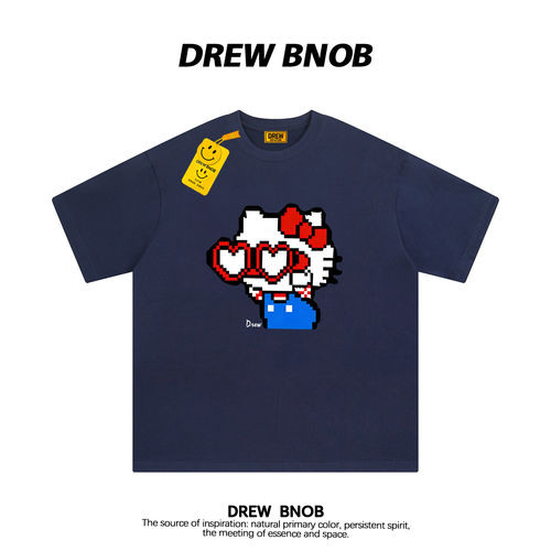 DREWBNOB美式潮牌像素Kitty卡通印花短袖t恤男女休闲宽松情侣半袖