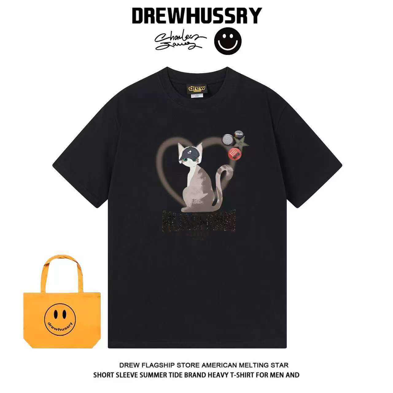 DREW画心猫咪卡通印花小众纯棉短袖T恤男女宽松潮流松弛感上衣ins