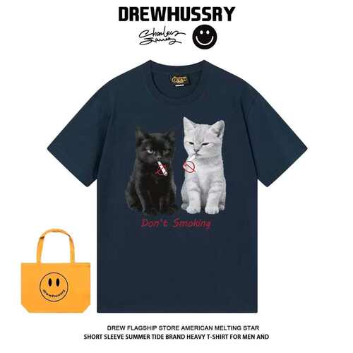 DREW重磅纯棉somking小猫印花短袖T恤男女同款小众宽松百搭情侣装