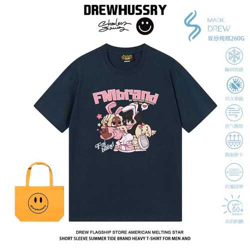 DREW美式卡通嘻哈女孩印花短袖T恤男女宽松情侣正肩百搭街头上衣