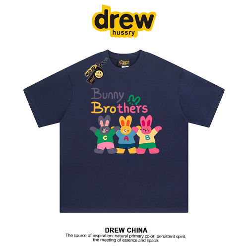 DREW 美式潮牌兔子涂鸦卡通短袖t恤男女情侣街头宽松纯棉上衣