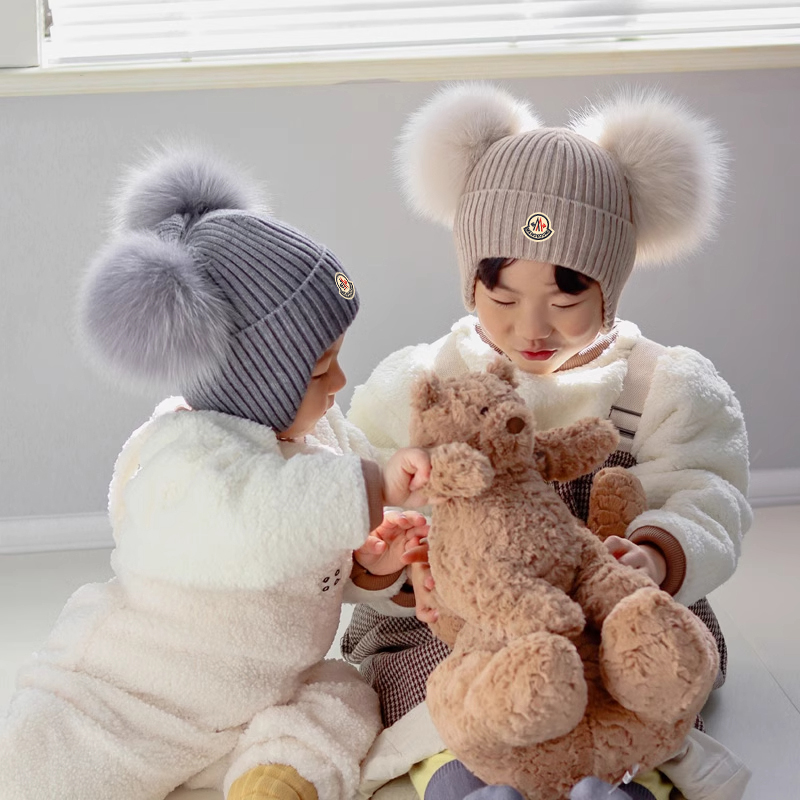 【官方直营】蒙口钢琴兔绒针织毛线儿童冬季帽宝宝双毛球可爱超萌