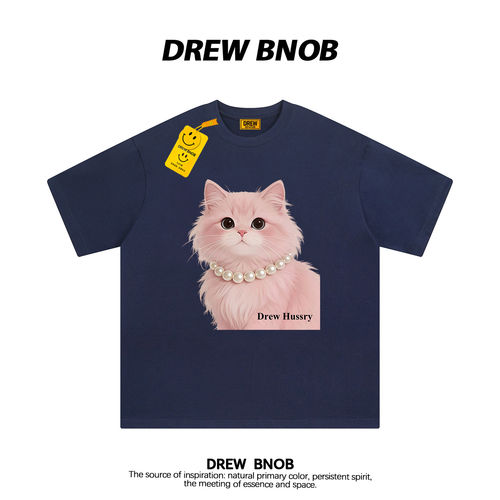 DREWBNOB美式潮牌猫咪可爱印花短袖t恤男女休闲宽松bf情侣半袖ins