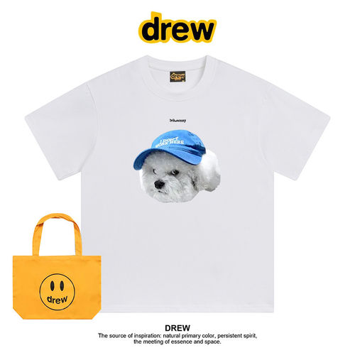 Drew美式潮牌邪恶摇粒绒搞怪可爱小狗印花纯棉短袖T恤情侣装上衣