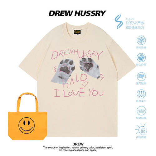 Drew美式潮牌猫爪印花重磅短袖T恤男女情侣装简约纯棉情侣上衣ins