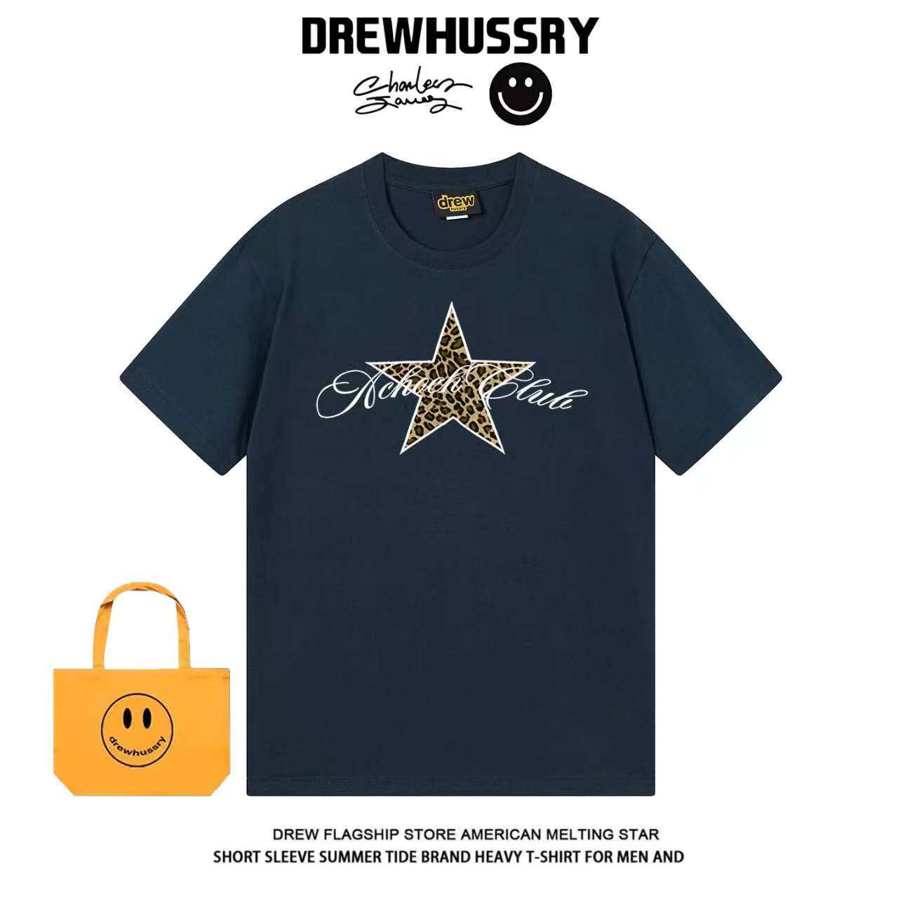 Drew美式潮牌豹纹五角星印花重磅纯棉短袖T恤男女宽松街头情侣ins
