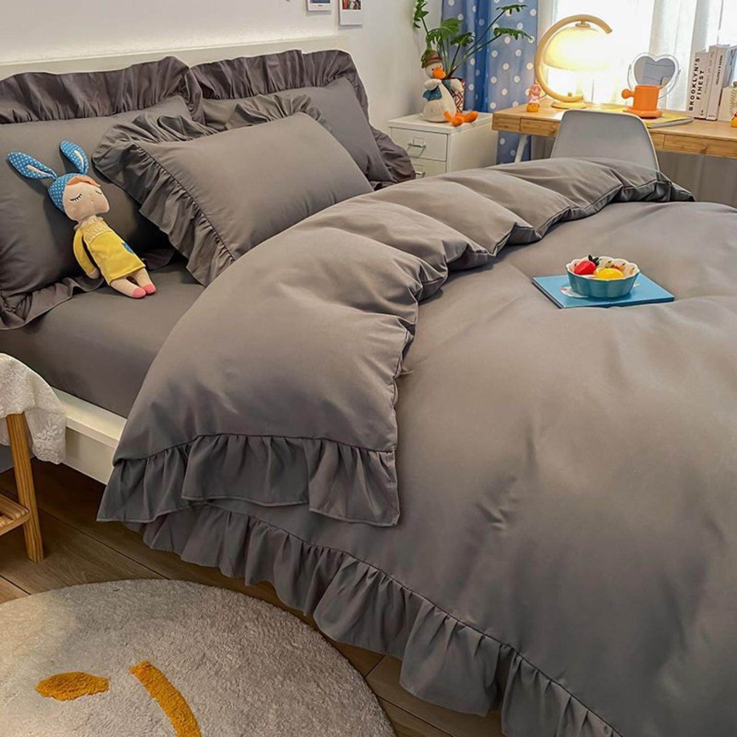 韩版水洗棉床单四件套ins风公主花边四件套纯色学生床宿舍三件套,床上用品,学生床品套件,淘宝优惠券,粉丝福利购,淘宝优惠卷