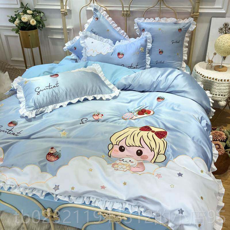 高档卡通风被套件套全四棉纯棉床床单款笠儿童可爱少女公主房女孩