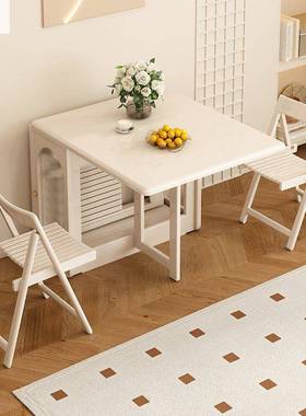 奶功油实木小折叠餐风桌可移动白色户型靠墙伸缩吃饭桌多XEO能桌