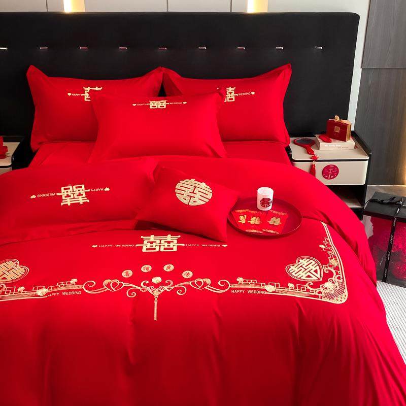 2024新款亲肤棉婚大红刺绣婚庆四件套单床笠款结回喜HQL-婚庆庆床