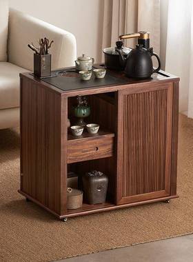 新中式实移动茶水全柜胡桃木茶桌家用小型茶台烧水一体侧木边NHHg