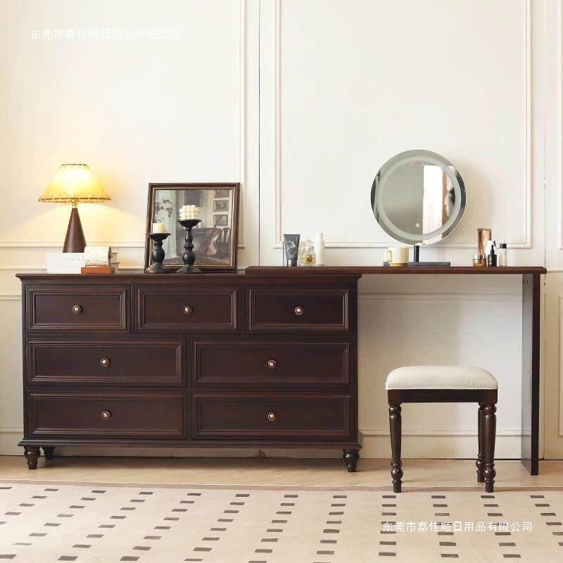 收式简约复古卧室床斗柜妆台一体组合黑色化妆尾桌镜美子纳柜EHN