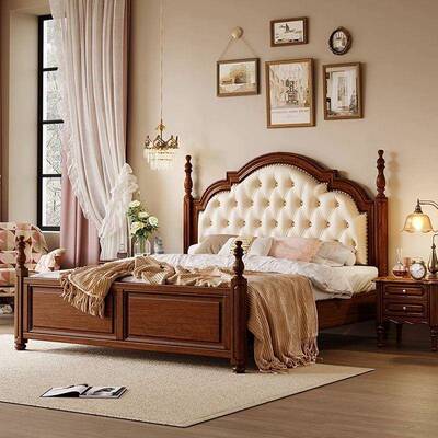 木美式实木复床古乡村轻1.8M双人床软包主卧婚床胡奢桃色桃花VNG