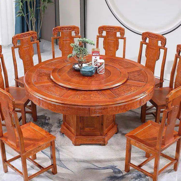 ROU金花中梨木全实餐桌椅组木合明清古典大圆桌仿古雕花式带转盘