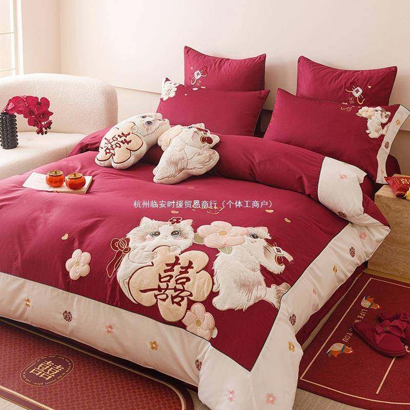 可爱猫咪贴布绣红被97487279套结用婚四件套床色上品10庆0S喜被婚