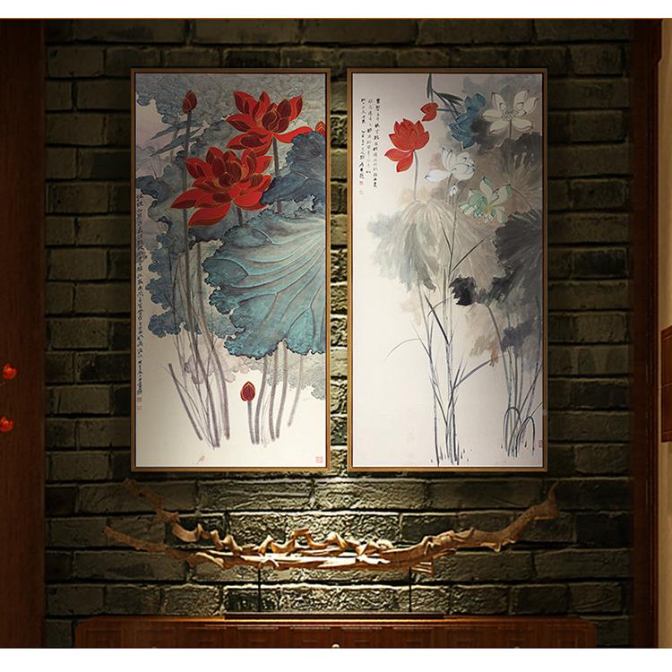 圣仕中式玄SYQ关画现代新书房客厅餐厅走廊荷饰花装挂有框画张大