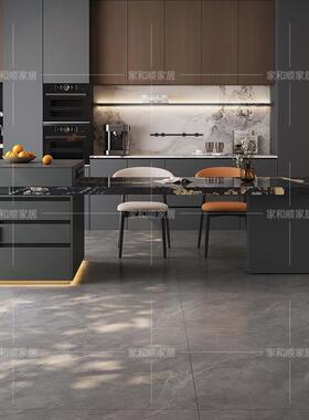 智能可缩岛台一体伸餐桌家用实木岛脚深灰色厨台饭桌开放FEL式房