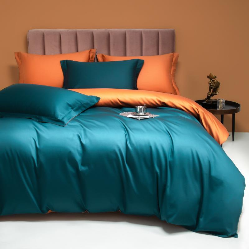 丝滑长贡缎10S0支绒棉双拼四件套纯色全笠棉纯棉床XY100支品床单