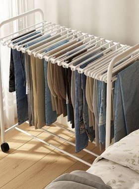 裤子收13426纳缩架杆铁艺裤架落地式可动多移功能家居挂裤可伸的