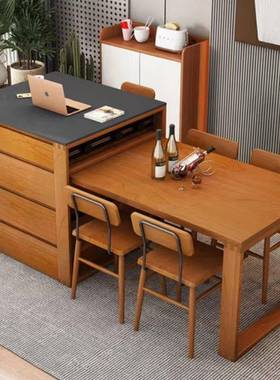 樱桃木岛台可伸缩实木板岩一体柜餐桌多功饭北桌76074美黑胡桃能