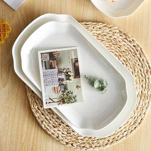 大尺DWU寸盘家用感蒸盘子陶瓷鱼盘纯鱼白鱼骨瓷深长方形菜盘陵星