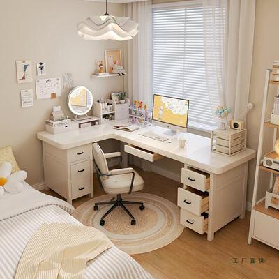 387实转角书白色桌奶油风电脑子桌l型7拐角木女孩卧室书房双人长