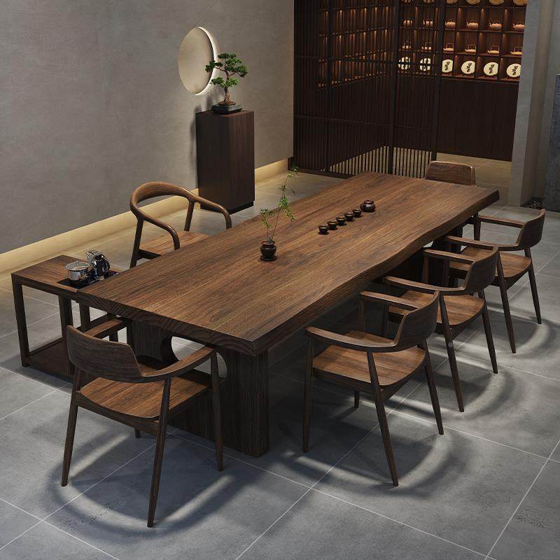 HUJ3Y实式大板茶简桌椅组合一桌五椅大型办公室木客厅约家用新中