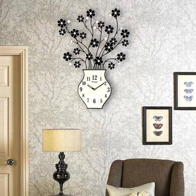 现代中复式文艺古花瓶挂创钟装饰艺时钟静音简约客厅术卧M1355室