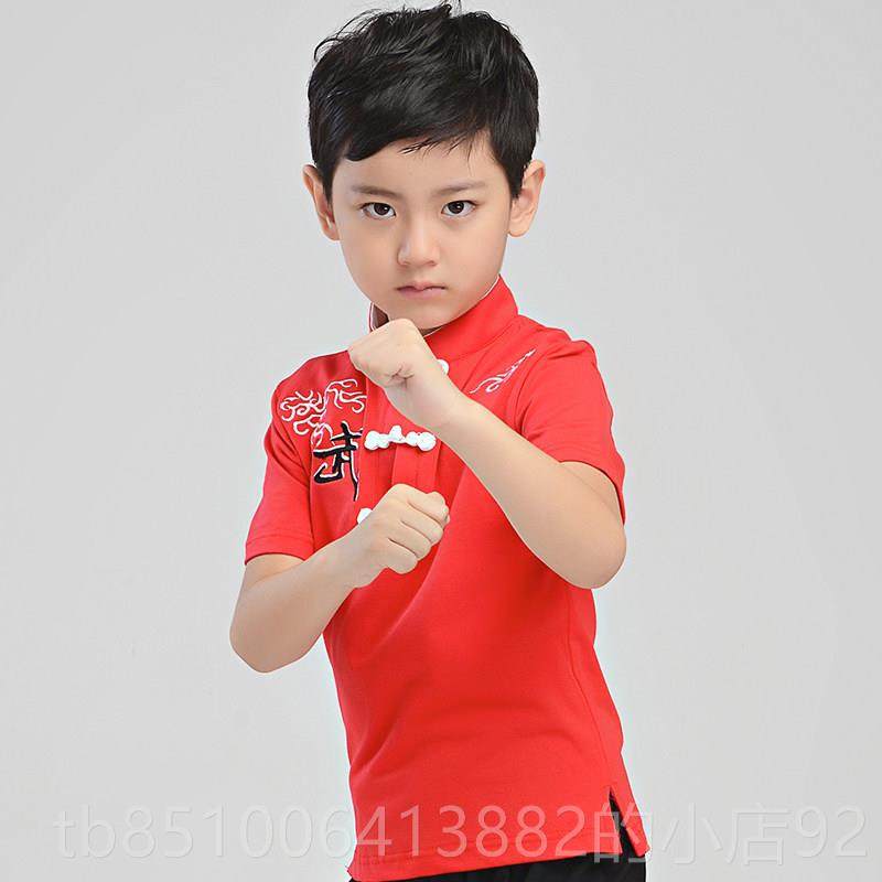 正品练表演用！莱卡棉式训儿童武术T恤 立领中国风短中袖两武术练