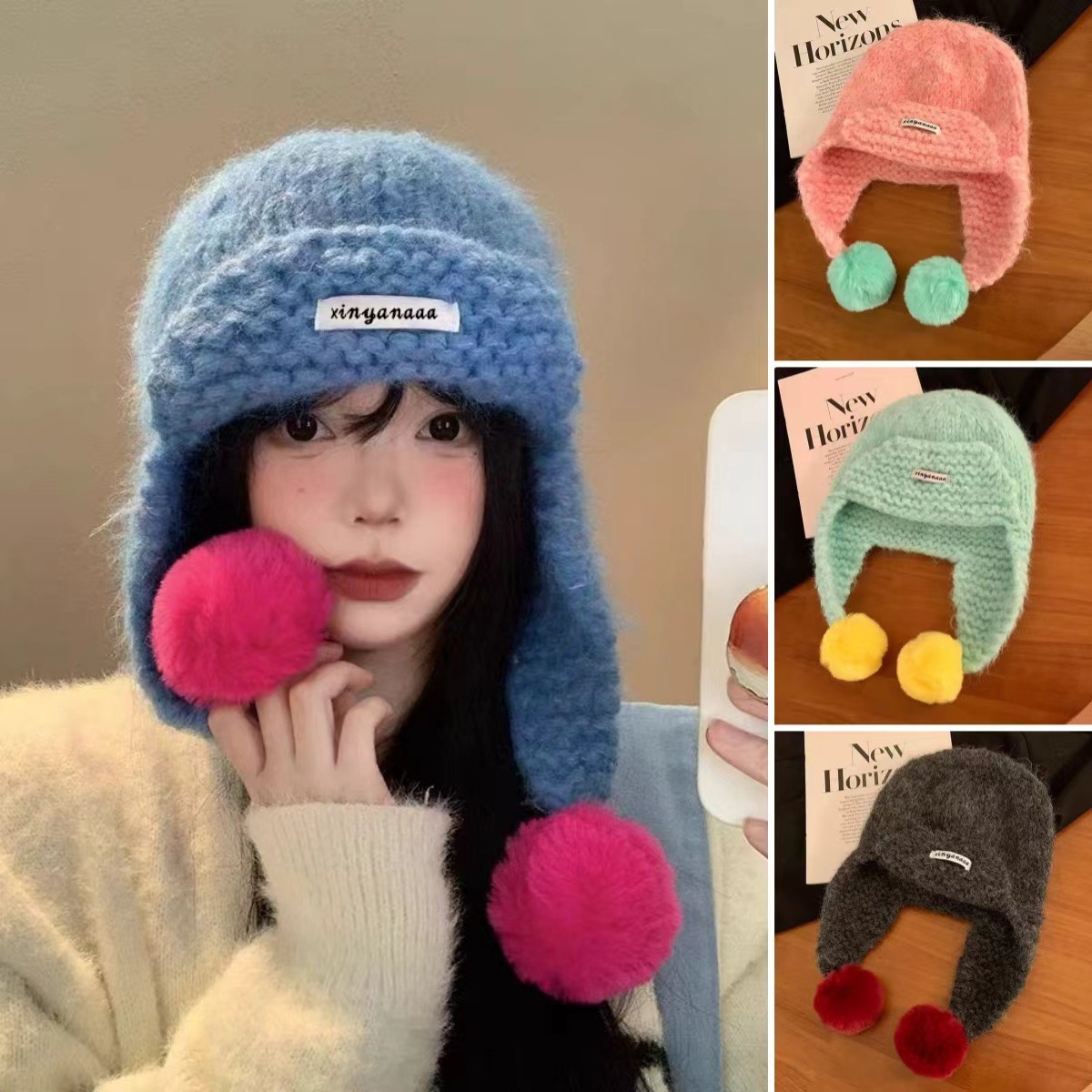 韩版毛球护耳雷锋帽女秋冬保暖