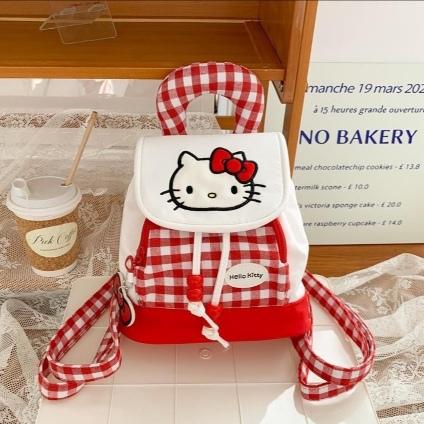 可爱红格小猫抽绳双肩包