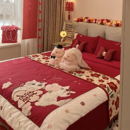可爱喜字猫结婚四件套100S纯棉红色新婚礼物陪嫁喜被婚庆床上用品