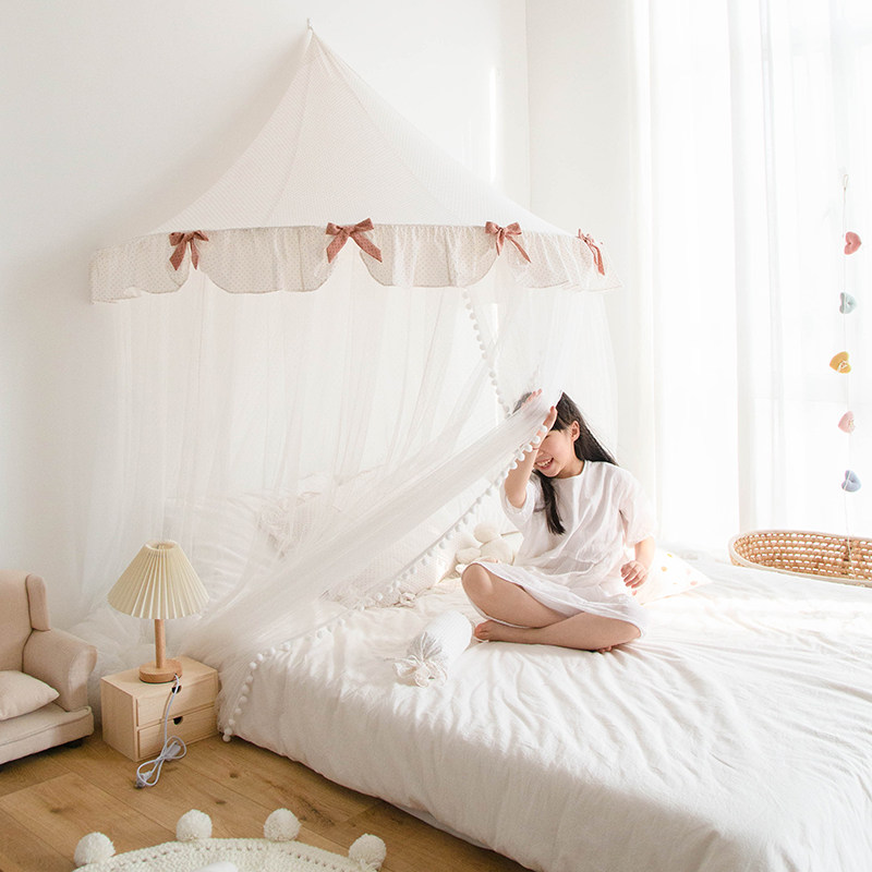 蚊帐家用免安装1.5米1.8m圆顶吊顶幔帐韩式卧室纯棉波点防蚊床幔