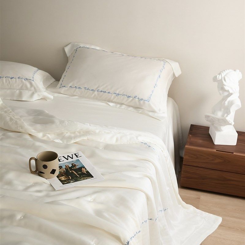 兰精天丝夏凉被四件套 简约风纯色刺绣空调被三件套20%大豆薄被子,床上用品,化纤被,淘宝优惠券,粉丝福利购,淘宝优惠卷