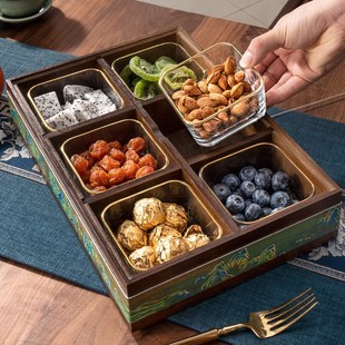 中式 水果盘 干果盒高档轻奢家用客厅茶几糖果零食分格实木2024新款