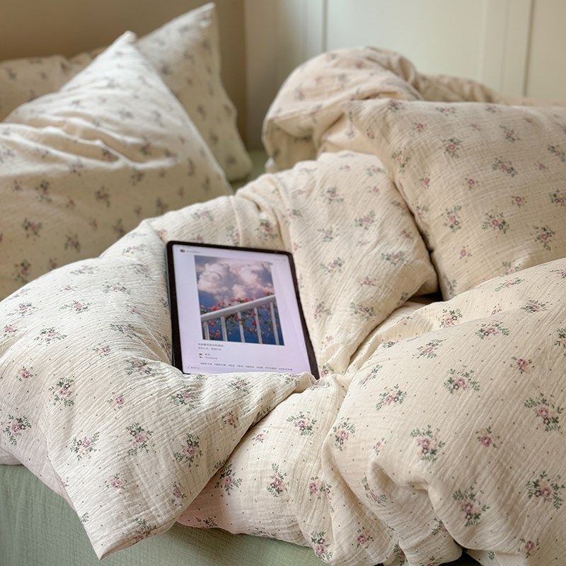 A类婴儿双层纱小碎花床上四件套全棉纯棉床单床笠被套复古风床品