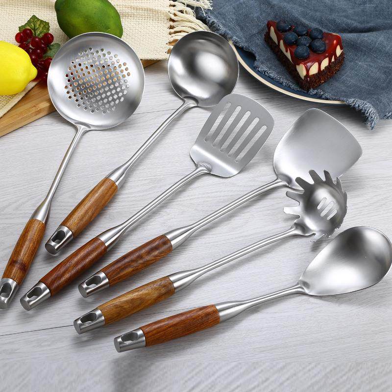 厨房用具304不锈钢花梨木锅铲 加厚家用烹饪汤勺漏勺煎铲炒菜铲子