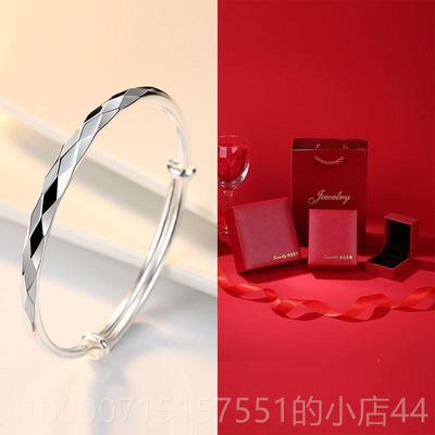 正品银正品9999纯镯子女实心水立手推方拉银饰品七夕情人节送女友