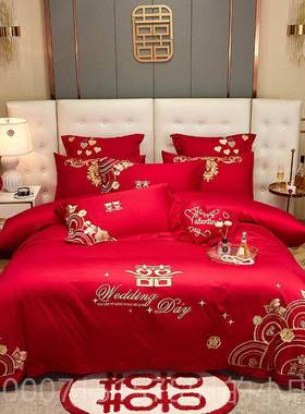 正品8婚庆四件套大红色全棉被套床单结婚1刺绣纯棉六十套床上用品