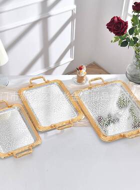 源头厂家中20651东银长简约金属铁制托盘色金零食水果盘方边形收