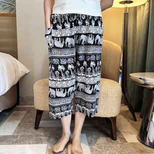 棉绸睡裤七分裤女夏宽松家居裤单件中裤大码绵绸裤薄款人造棉裤子