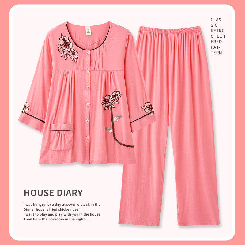 睡衣女半袖夏季纯棉无领七分袖长睡衣/家居服套装