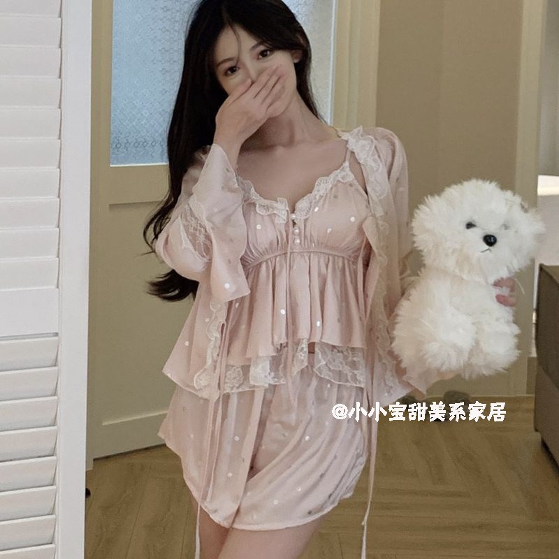 甜欲少女甜美公主风睡衣女夏季冰丝吊带胸垫四件套花边仙女家居服