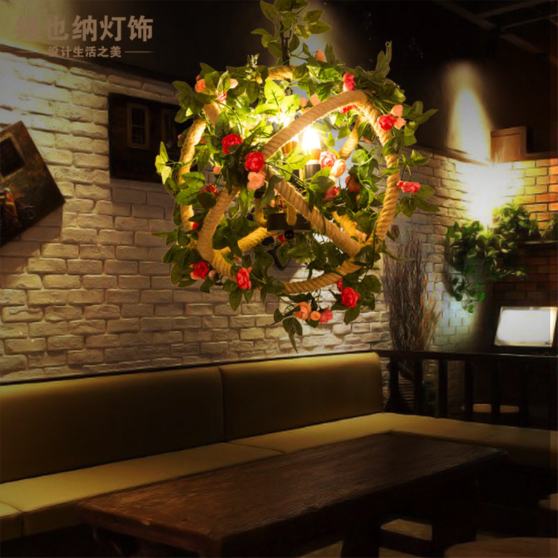 植物吊灯创意音乐酒馆餐馆火锅店繁花工业风个性餐厅装饰麻绳吊灯