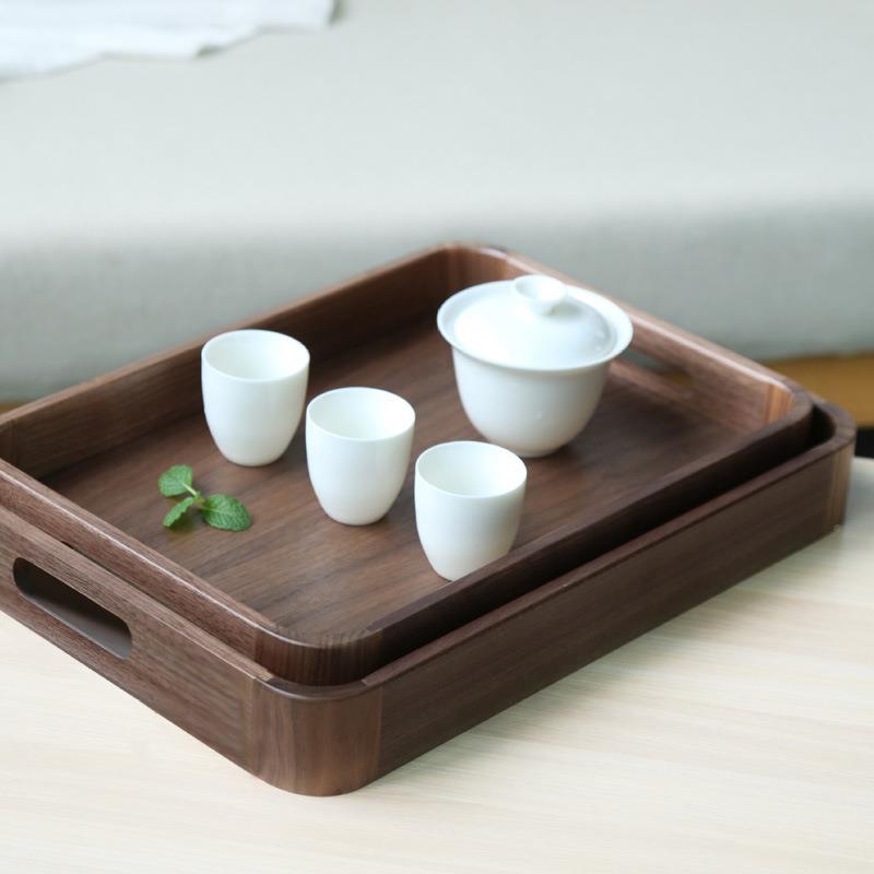 简黑胡桃木托盘茶盘榫木卯结构圆角带提手茶水托盘新中QVX式约质
