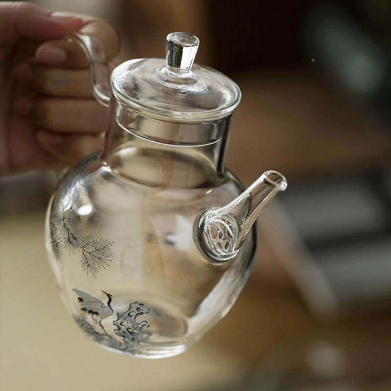 宜室茶话松壶鹤玻璃茶高温泡茶耐壶单壶家用带过滤壶侧把qshh-zhz